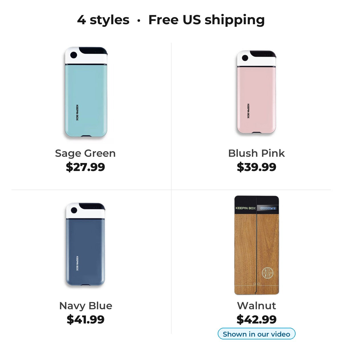 Phone lock box in 4 styles: Sage Green $27.99, Blush Pink $39.99, Navy Blue $41.99, Walnut $42.99
